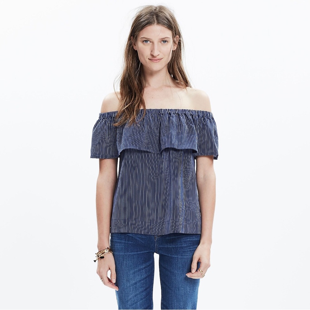 Madewell | 100% Silk Balcony Off The Shoulder Pinstripe Blouse